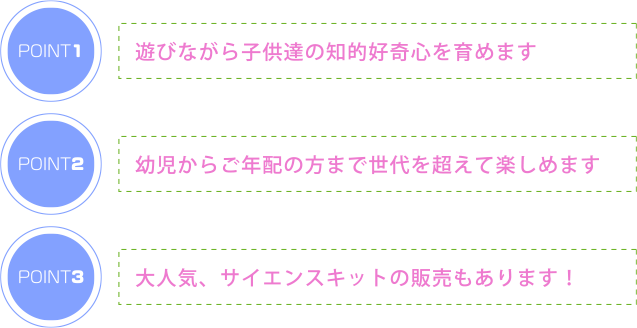 遊びながら子供達の知的好奇心を育めます 幼児からご年配の方まで世代を超えて楽しめます サイエンスキットの販売もあります！